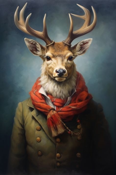 A digital download capturing the essence of a stag deer dressed in the grandeur of Renaissance fashion, set against a Victorian gothic backdrop. This unique piece melds the majestic presence of the stag with the lavish detail of historical art styles, making it a compelling choice for sophisticated decor. Deer Digital Art, Animals In Clothes Art, Reindeer Portraits, Animal Fashion Illustration, Deer Portrait, Reindeer Art, Victorian Wall Art, Whimsical Art Paintings, Stag Deer