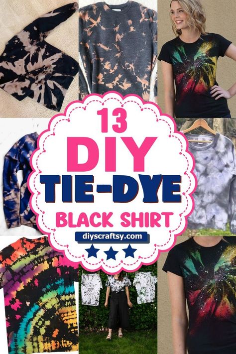 Tie-Dye Black Shirts Tye Dye Black Shirt, How To Tie Dye Black Shirts, Bleach Dye Black Shirt, Reverse Tie Dye Patterns Techniques, Tie Dye Black Shirt, Reverse Tie Dye Patterns, Reverse Tie Dye With Bleach, Unique Tie Dye Patterns, Reverse Tye Dye