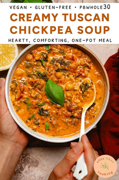 Tuscan Chickpea Soup - Ellie Likes Cooking Creamy Tuscan Chickpea Soup, Tuscan Chickpea Soup, Protein Soup Recipes, Tuscan Soup, Plant Based Soups, Tempeh Recipes, Spiced Chickpeas, Chickpea Soup, Chickpea Recipes