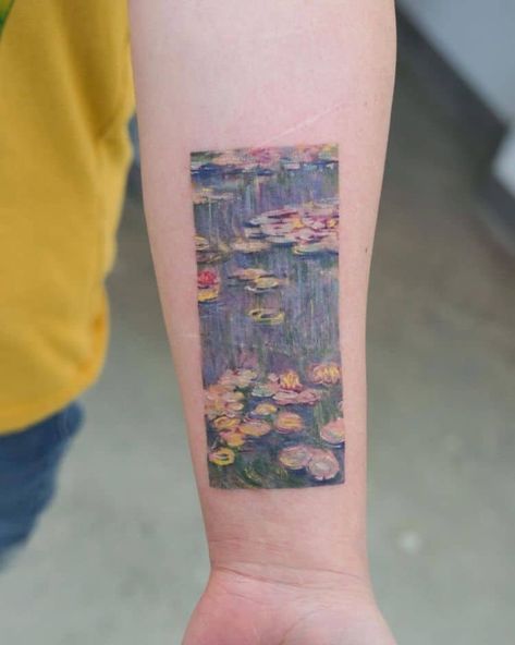 Water Lily Monet Tattoo, Impressionism Tattoo, Monet Tattoo Ideas, Claude Monet Tattoo, Oil Painting Tattoo, Famous Art Tattoo, Ethereal Tattoo Ideas, Pond Tattoo, Monet Tattoo