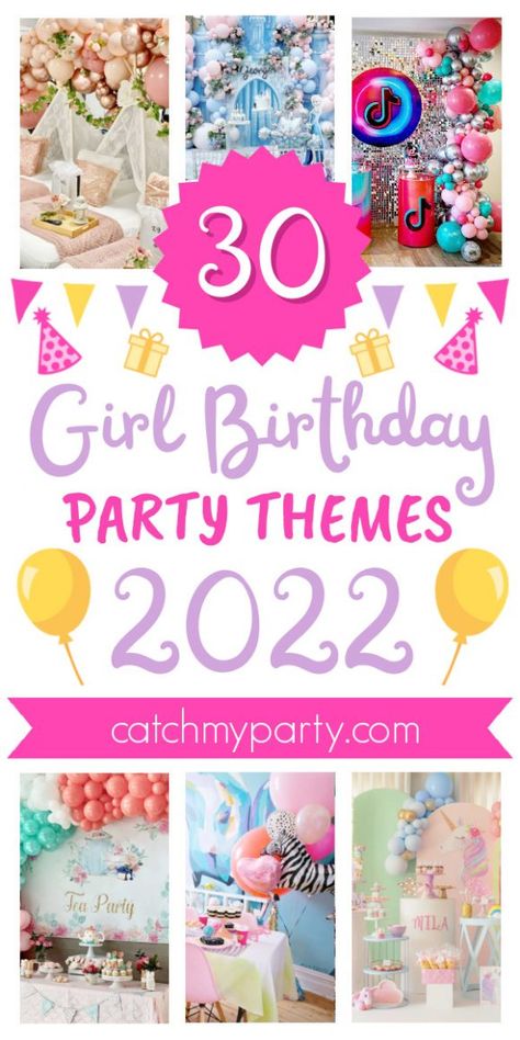 We are all itching to throw proper parties again, so to inspire everyone we've rounded up the most popular girl birthday party themes for 2022. See more party ideas and share yours at CatchMyParty.com Popular Party Themes 2023, 7th Birthday Party Ideas, 1st Birthday Party For Girls, 5th Birthday Party Ideas, Girls Birthday Party Themes, Girl Bday Party, Kids Themed Birthday Parties, Party Trends