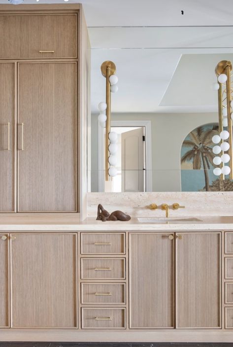 Ryan Saghian, Oak Bathroom, Primary Bathroom, Bath Mirror, Classic Bathroom, Brass Pulls, Interior Design Mood Board, Bathroom Inspiration Decor, Mediterranean Homes