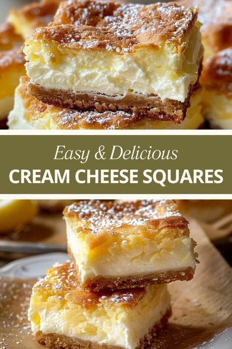 Cream Cheese Squares Velvety Cream Cheese Gooey Bars, Easy Cream Cheese Recipes 4 Ingredients, Cream Cheese Candy Recipes, Dollar General Dessert Recipes, Cream Cheese Squares Recipe, Cream Cheese Recipes Dessert Easy Simple, Sweet Cream Cheese Recipes, Breakfast Ideas With Cream Cheese, Cream Cheese Bars Easy