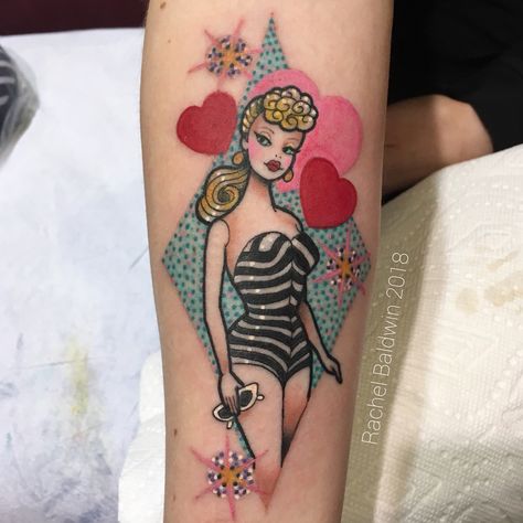 Rachel Baldwin on Instagram: “Retro Barbie for lovely Tara 💞❤️💞 #barbie #barbietattoo #kawaiitattoo #kawaii” American Traditional Barbie Tattoo, Barbie Pinup Tattoo, Vintage Barbie Tattoo, Barbie Doll Tattoo, Cute Vintage Tattoos, Barbie Tattoo Ideas Simple, Barbie Movie Tattoo, Barbie Tattoo Ideas, Barbie Tattoo