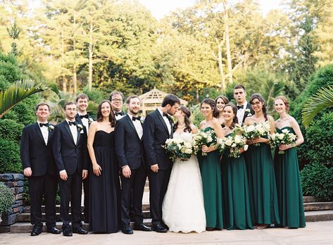 Black and Emerald Green Classy Wedding Party at Duke Gardens, Anagram Dark Green Wedding Party, Classy Wedding Party, Green Wedding Party, Winter Ceremony, Emerald Green Wedding, White Flower Arrangements, Bridal Party Outfit, Green Themed Wedding, Emerald Green Weddings