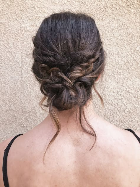 Low Prom Updos, Messy Low Bun With Braid, Low Messy Updo With Braid, Soft Low Updo, Braided Low Updo Wedding, Prom Braid Updo, Bridal Hair Low Bun Braid, Updo With Small Braids, Prom Hair Updo With Braid