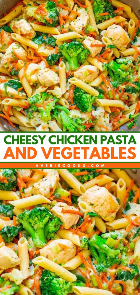 This quick and easy meal is comfort food with a healthier twist! The whole family will love this Cheesy Chicken Pasta and Vegetables. It tastes so good! Save this chicken veggie pasta recipe for a simple dinner under 30 minutes! Birds Eye Veggie Pasta Recipes, Chicken And Veggie Pasta Recipes, Chicken Pasta Veggies Recipe, Chicken Veggie Pasta Bake, Chicken Breast Recipes With Vegetables, Healthy Clean Dinner Recipes, Veggie Filled Pasta, Pasta And Vegetable Recipes, Chicken And Veggies Recipes