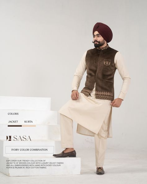 Explorer our trendy collection of jacket’s of brown colour with luxury velvet fabric and all embroidered with hand with Ivory colour kurta & pajama in rich cotton fabric. By SASA Panjabi Kurta Pajama For Man, Kurta Pajama Men With Jacket, Koti Kurta For Men, Kurta Pajama Men Punjabi, Kurta Designs Men's, Pajama Men, Jodhpuri Suits, Indian Groom Dress, Man Dress Design