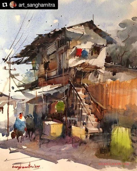 Milind Mulick, Teaching Watercolor, Watercolor Scenery, Watercolor Art Landscape, Watercolor Blog, Painting Reference, Watercolor Architecture, Painting Courses, Street Life