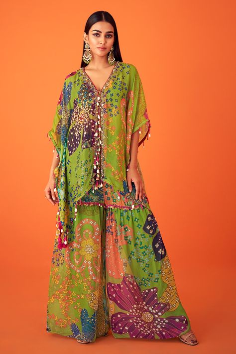 Shop for these amazing collections of Green Organza Printed Floral Kaftan Open Flower Flared Sharara Set For Women by Taavare online at Aza Fashions. Organza Kaftan, Sharara Pants, Kaftan For Women, Printed Kaftan, Printed Organza, Organza Lehenga, Short Kaftan, Pant Set For Women, Sharara Set