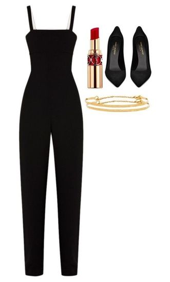 Cute evening look | black jumpsuit | black heels | gold bangles | red lipstick Outfit Chic, Elegante Casual, Beauty Dress, Elegantes Outfit, Black Women Fashion, Looks Chic, Fesyen Wanita, Mode Style, Outfit Idea