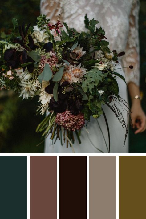 Wild autumn wedding flowers, loose unstructured bridal bouquet. Colour palette inspiration for autumn wedding soft greens and pinks mixed with deep dark reds.  #weddingflowers #wildweddingflowers #unstructuredbouquet #bride #autumnwedding #farmwedding #barnweddingscotland Wedding Colors Dark Green Colour Schemes, Fall Wedding Color Palette Dark Green, Spooky Wedding Color Palette, Autumn Colour Wedding Flowers, Wedding Color Palette Forest Green, Dark Green Bouquet Wedding, Woodsy Wedding Color Palette, Dark Green Wildflower Wedding, Dark Green Color Scheme Wedding