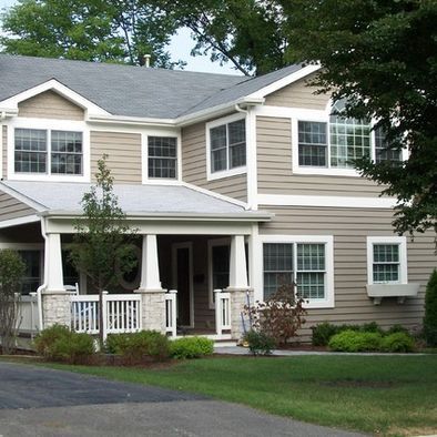 tan exterior, gray roof, white trim Adding A Front Porch, Grey Exterior House Colors, Tan House, House Trim, Home Exterior Makeover, Siding Colors, Exterior Renovation, Roof Colors, Exterior Makeover