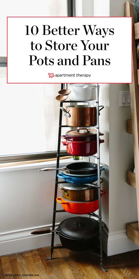 Big Pots And Pans Storage, Pots And Pans Upper Cabinet, Peg Board For Pots And Pans, Kitchen Ideas Hanging Pots, How To Store Pans And Pots, Hanging Food Storage, How To Store Pans In A Small Kitchen, Kitchen Pots Organisation, Pot Storage On Wall