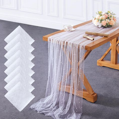 PRICES MAY VARY. ❤️ Pearl Tulle design: White Tulle Tablecloth can use as table cloth, table runner,wedding veil, certain or any other places you would like to décor it prettier. ❤️ White Tablecloth Size: 8 pieces of pearl tulle tablecloth, the size of each tablecloth is approximately 60x120 inch, Fits 6-10 seat table. ❤️ High Quality Workmanship: High quality mesh with smooth white pearl, flexible and soft. Pearls are sturdy.Easy to create natural draping and beautiful folds.Sheer elegance, wit White Table Runner Wedding, Tulle Table Runner, Dessert Table Decorations, Tulle Tablecloth, Veil Pearl, Tulle Decorations, Romantic Bridal Shower, Beaded Wedding Veils, Tulle Table