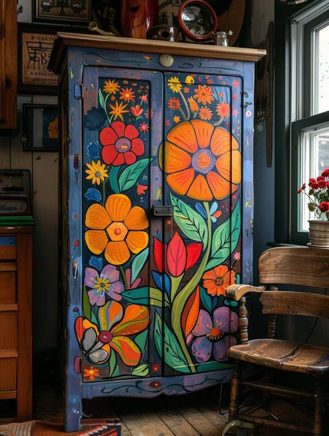 16 Whimsical Painted Furniture Ideas You Can't Ignore - Home Made Graceful Colorful Painted Dresser Ideas, Hand Painted Furniture For Sale, Cabinet Door Painting Ideas, Painting On Furniture Ideas, Hand Painted Dressers Bohemian, Wood Furniture Painting Ideas, Hand Painted Closet, 70s Painted Furniture, Fun Painted Dresser