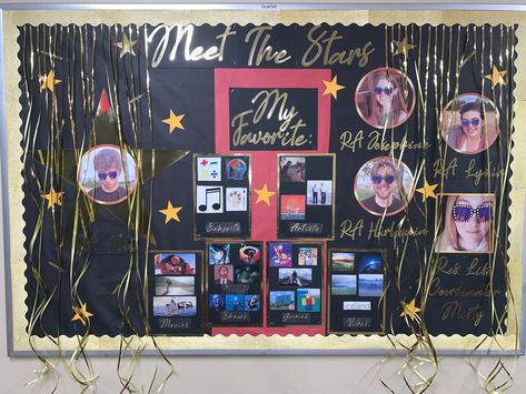 A meet your RAs board I made for Fall. I used a lot of gold cardstock. Ra Boards, Bulletin Boards, Bulletin Board, Card Stock, Gold