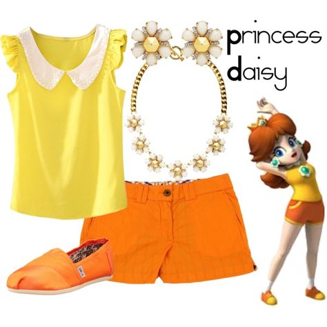 A fashion look from January 2014 featuring TOMS flats, Juicy Couture necklaces and Juicy Couture earrings. Browse and shop related looks. Daisy Mario Outfit, Mario Bounding, Daisy Inspired Outfits, Princess Daisy Outfits, Mario Inspired Outfits, Princess Peach Inspired Outfit, Daisy Cosplay, Princess Daisy Costume, Mario Halloween