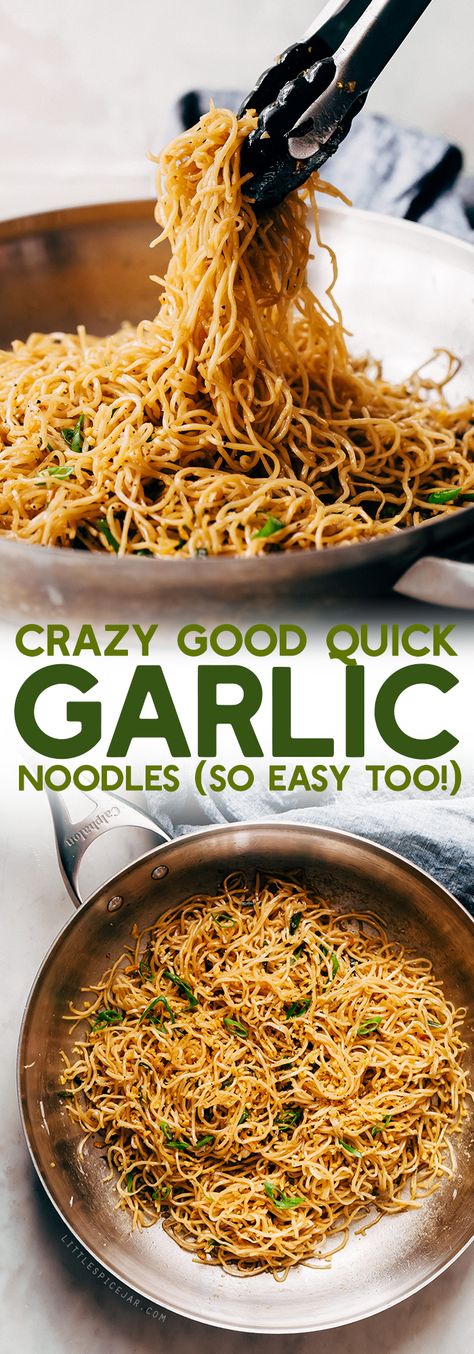 Crazy Good Quick Garlic Noodles - a quick 15 minute recipe for garlic noodles! These noodles are a fusion recipe and have the BEST flavor! #garlicnoodles #quickgarlicnoodles #garlicspaghetti #pasta #noodles | Littlespicejar.comCrazy Good Quick Garlic Noodles - a quick 15 minute recipe for garlic noodles! These noodles are a fusion recipe and have the BEST flavor! #garlicnoodles #quickgarlicnoodles #garlicspaghetti #pasta #noodles | Littlespicejar.com Arabisk Mad, Garlic Noodles Recipe, Garlic Noodles, 15 Minute Meals, Makanan Diet, Recipes Indian, Soba Noodles, Fusion Food, Think Food