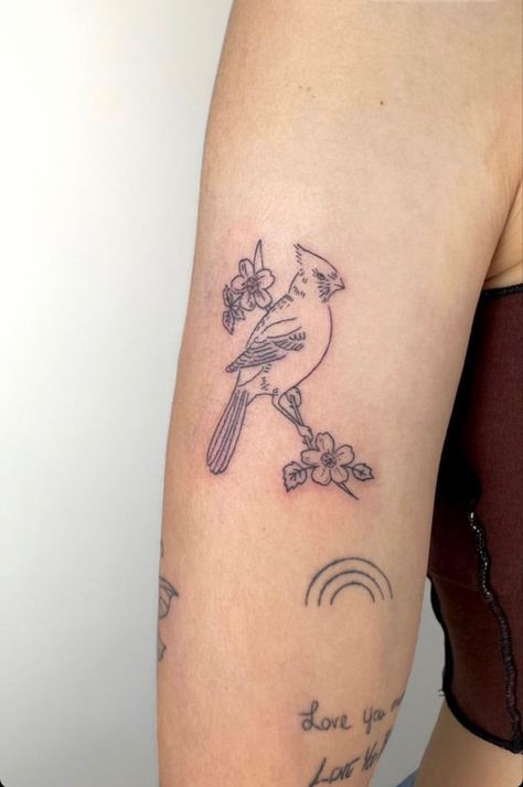 Cardinal on a branch with 2 flowers Line Work Cardinal Tattoo, Small Cardinal Tattoo With Flowers, Daisy And Cardinal Tattoo, Cardinals Flying Tattoo, Flower Cardinal Tattoo, Tattoo Ideas Female Cardinal, Cardinal Arm Tattoos For Women, Red Bird Outline Tattoo, Fineline Cardinal Tattoo