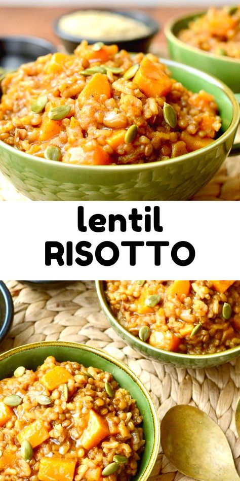 This squash lentil risotto is comforting and and nutritious all in one meal. Don't you just love one pot meals that are less work and washing up?! This vegan risotto is ready in 40 mins on the stovetop, or just 20 mins if you use a pressure cooker. Plus this easy lentil recipe is protein packed with 18g per serving! Try it for dinner soon... #easylentilrecipes #veganrisotto #onepotmeals Risotto With Butternut Squash, Butternut Squash Vegan, Lentil Recipes Easy, Board Recipes, Lentil Recipe, Vegan Risotto, High Protein Vegan Recipes, Veggie Food, Easy One Pot Meals