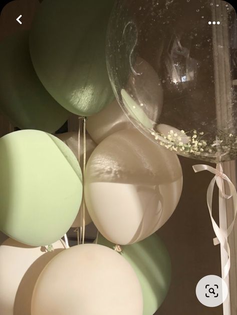 Pastel Green Themed Birthday Party, 19th Birthday Cake Sage Green, Aesthetic 18th Birthday Decoration, Sage Green Balloons Aesthetic, Birthday Theme Inspo Aesthetic, Bday Party Decorations Aesthetic, Simple Birthday Party Aesthetic, Green Birthday Decorations Simple, Birthday Sage Green Theme