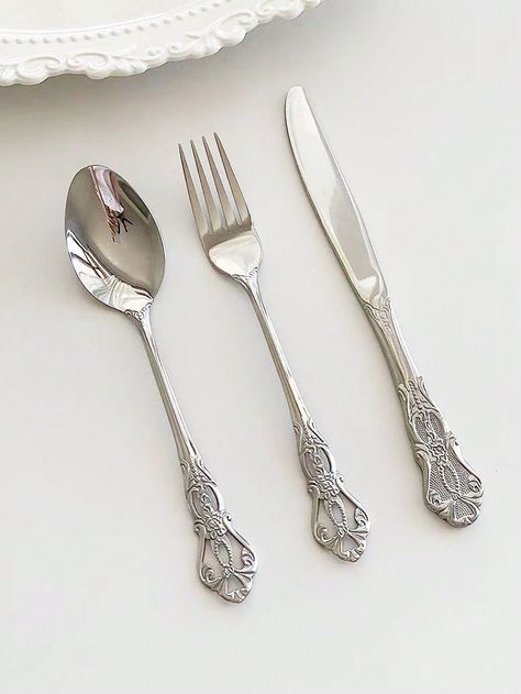 Stainless Steel Cutlery Set Of 3 Pieces - Dinner Knife, Dinner Fork And Dinner Spoon Set School Supplies,Christmas Gift Silver         Kitchen & Dining, size features are:Bust: ,Length: ,Sleeve Length: Cool Knife Set, Cute Cutlery Set, Fancy Utensils, Cute Silverware, Unique Cutlery, Forks And Knives, Fork Spoon Knife, Silver Kitchen, Forks Design