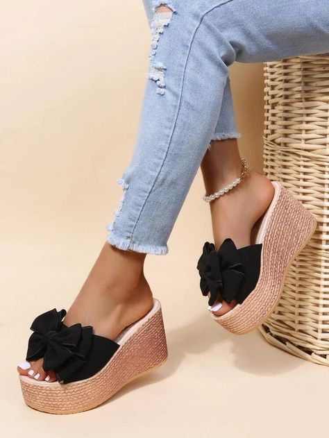 Black Vacation, Outfit With Wedges, Bow Decor, Wedges Style, Girly Shoes, High Heel Boots Ankle, Slipper Sandals, Platform Wedge Sandals, Slide In