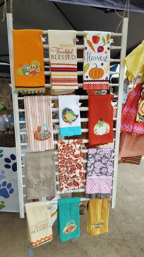 Kitchen Towel Display Craft Show, Embroidery Vendor Booth, Apron Display Ideas Craft Fairs, Kitchen Towel Display Ideas, Towel Display Ideas Craft Fairs, Embroidery Shop Display Ideas, Tea Towel Display Craft Fairs, Quick Easy Crafts, Tea Towel Display