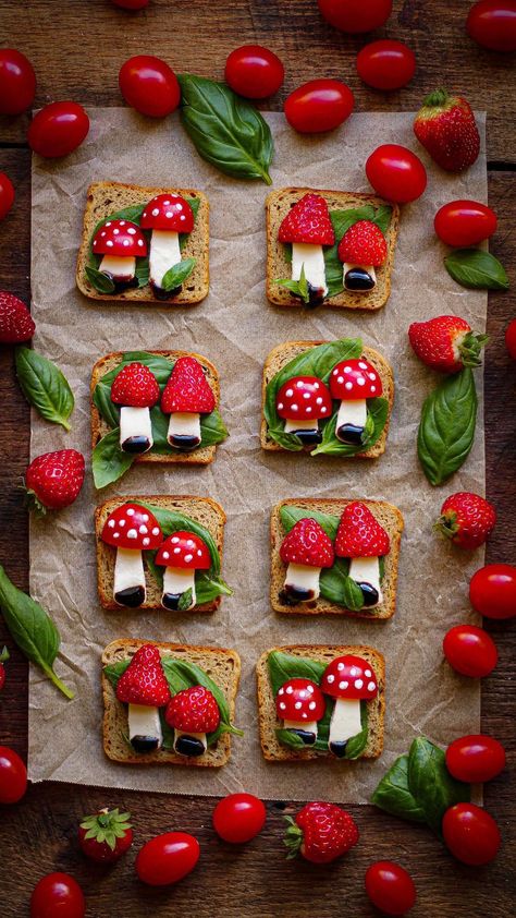 Must Love Herbs - Lauren May | Mushroom Caprese, but make it toast! Let’s spring forward with some happy little appetizers! Perfect for those spring gatherings - Think… | Instagram Mushroom Bday Party, Icing Mushrooms, Mushroom Food Ideas, Gnome Treats, Mushroom Caprese, Mushroom Treats, Woodland Party Food, Toadstool Cake, Forest Food