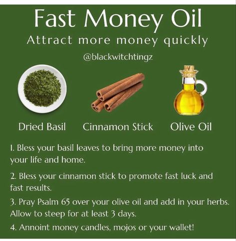 Fast Cash Oil Recipe, Hoodoo Magic, Money Bowls, Money Oil Recipe, Money Oil, Money Candle Spell, Money Spells Magic, Magick Oil, Affirmation Station