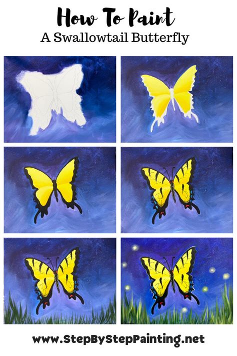 How To Paint A Swallowtail Butterfly - Step By Step Online Tutorial Paint Butterfly Acrylic, How To Paint Butterflies Step By Step, Spring Step By Step Painting, How To Paint Butterflies Acrylic, How To Paint A Butterfly Step By Step, Butterfly Painting Easy, Butterfly Acrylic Painting, Canvas Art Projects, Canvas Painting Tutorials