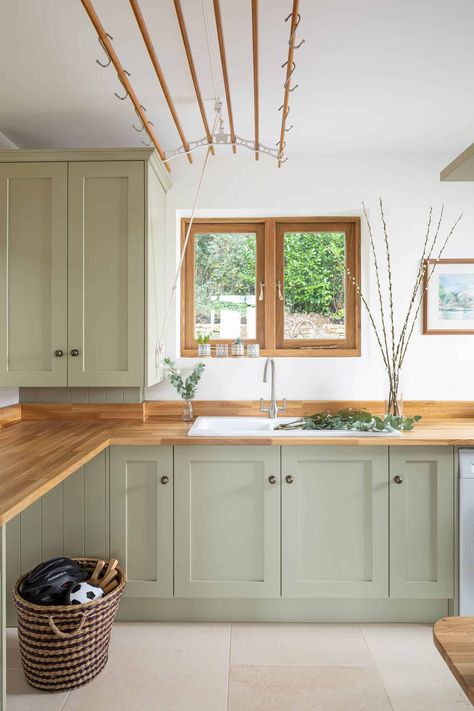 Small Kitchen Wooden Countertops, Sage Green Kitchen Cabinets Wood Countertops, Green Kitchen Wooden Countertop, Light Wooden Countertops Kitchen, Oak Kitchen Top, Green Kitchen Wood Worktop, Green Cabinets Kitchen Wood Countertop, Sage Kitchen Wooden Worktop, Kitchen With Wood Worktop