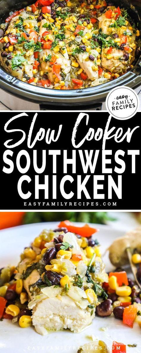 SO GOOD! This dump and cook crockpot dinner idea is a winner at our house! Southwest Chicken is easy to make in the slow cooker and a family friendly recipe the kids will love. Packed with lots of veggies and wholesome ingredients like red bell pepper, onions, corn, black beans and chicken breast seasoned to perfection, this recipe is one to make over and over again. Slow Cooker Recipes Family, Easy Crockpot Recipes Healthy, Chicken Breast Slow Cooker, Chicken Breast Crockpot Recipes, Crockpot Chicken Breast, Chicken Crockpot Recipes Easy, Easy Family Recipes, Southwest Chicken, Chicken Easy