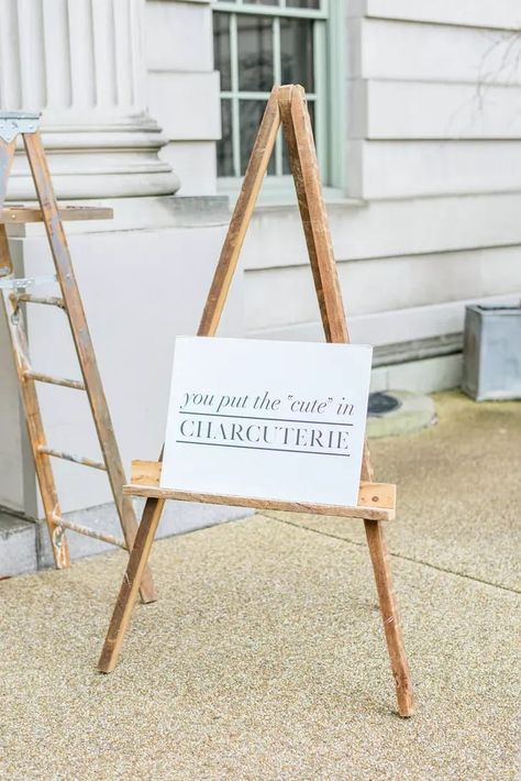 Charcuterie Sign on Wood Easel at the Anderson House in Washington, DC Charcuterie Sign, Charcuterie Wedding, Charcuterie Display, Christmas Charcuterie, Italy Honeymoon, Wood Easel, Vintage Glam, Real Couples, Large Weddings