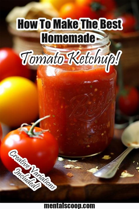 How To Make The Best Homemade Tomato Ketchup! - Mental Scoop Ketchup Recipe Fresh Tomatoes, How To Make Ketchup, Homemade Tomato Ketchup, Tomato Ketchup Recipe, Homemade Ketchup Recipes, Canning Tomatoes Recipes, Spicy Ketchup, Ketchup Recipe, Fresh Tomato Recipes