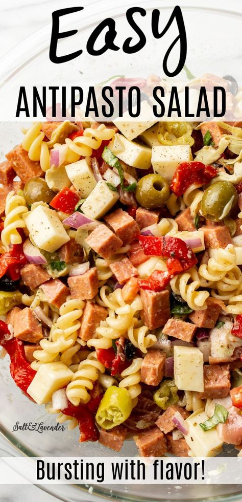 Easy Antipasto Salad Simple, Antipasto Pasta Salad Recipes, Antipasto Dressing Recipes, Antipasto Pasta Salad Italian, Anti Pasta Salad Antipasto, Easy Italian Party Food, Antipasta Salads With Pasta, Salami Pasta Salad Recipes, Antipasto Salad Pasta