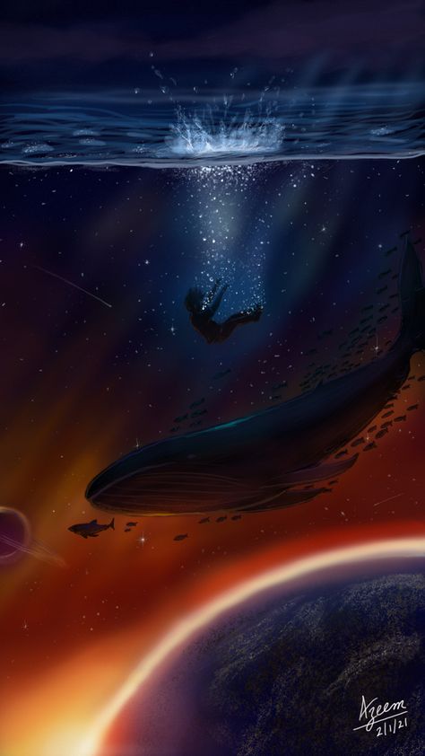 #space #ocean #whale #stars #digitaldrawing #digital #art #artist #artwork Cool Ocean Drawings, Space And Ocean Art, Ocean Drawing Underwater, Fantasy Ocean Art, Deep Ocean Painting, Deep Ocean Art, Space And Ocean, Ocean Fantasy Art, Whale In Space