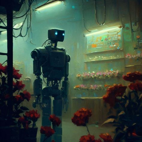 a painting of a cyborg in a flower shop , concept art by Simon Stalenhag, featured on tumblr, neo-primitivism, dystopian art, art on instagram, concept art Dystopian Robot Concept Art, Robot Apocalypse Concept Art, Dystopian Society Art, Dystopia Concept Art, Dystopian Painting, Dystopian Concept Art, Flower Shop Concept, Dystopian Character Design, Shop Concept Art