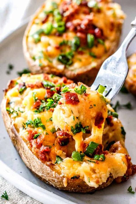 Twice Baked Potatoes (Make Ahead & Freezer Instructions) Double Stuffed Potatoes, Recipe For Twice Baked Potatoes, Double Baked Potatoes, Beach Dinners, Easy Twice Baked Potatoes, Twice Baked Potato, Stuffed Baked Potatoes, Carlsbad Cravings, Baked Potato Recipes