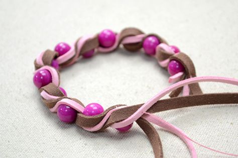 #diy #Tutorial on Making a Twisted Suede Cord Bracelet with Fuchsia Beads #accessories Cord Bracelet Tutorial, Mens Bracelet Diy, Suede Bracelet, Beads Accessories, Lace Weave, Leather Cord Bracelets, Suede Cord, Cord Bracelet, Bracelet Tutorial