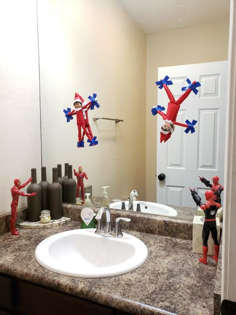 Elf With Spiderman, Elf On The Shelf With Spiderman, Avengers Elf On The Shelf Ideas, Spidey Elf On The Shelf, Spider Man Elf On The Shelf Ideas, Elf On The Shelf Double Trouble, Elf On The Shelf Siblings, Marvel Elf On The Shelf Ideas, Elf And Spiderman