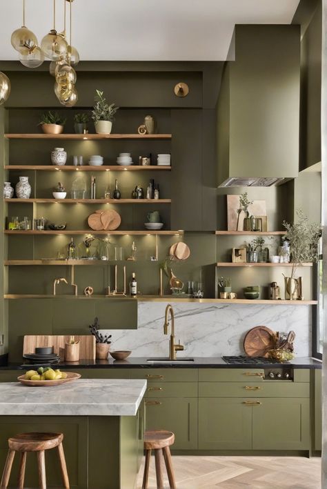 Olive Green Cabinets, Modern Style, Interior Design, Home Decor Caldwell Green, Green Kitchen Paint, Bright Room Colors, Olive Green Kitchen, Green Kitchen Walls, Best Wall Paint, Best Wall Colors, Modern Paint Colors, Color Combinations Home