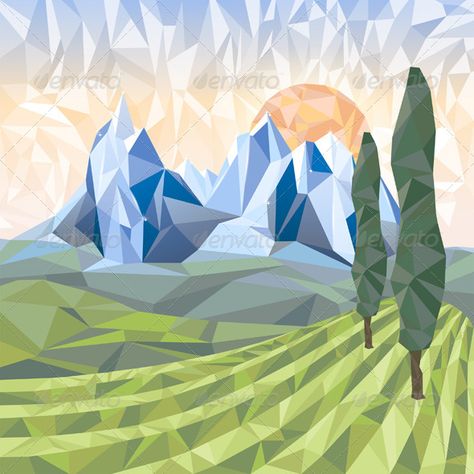 Nature Origami, Shapes Silhouette, Meadow Mountain, Hill Illustration, Stylized Landscape, Landscape Meadow, Geometric Landscape, Geometric Nature, Japan Landscape