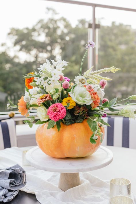 How to Make a Pumpkin Flower Arrangement - Darling Down South Flowers In Pumpkins, Pumpkin Flower Arrangement, Thanksgiving Floral Arrangements, Pumpkin Bouquet, Pumpkin Flowers, Wet Flowers, Pumpkin Floral Arrangements, Oopsie Daisy, Thanksgiving Floral