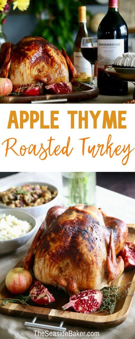 A Turkey Recipe your guests will rave about! | Apple Thyme Roasted Turkey | Make this Thanksgiving or Christmas Holiday meal memorable!  | #TurkeyRecipe #Thanksgiving #Christmas #turkey #holidays #holidayrecipes #Thanksgivingrecipe | See this and other delicious recipes at TheSeasideBaker.com Apple Turkey Recipes, Christmas Turkey Recipes, Turkey Apple, Apple Turkey, Thanksgiving Food Sides, Pumpkin Spice Recipe, Christmas Turkey, Baked Turkey, Turkey Recipes Thanksgiving