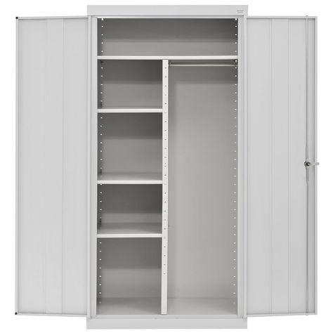 PRICES MAY VARY. GARAGE STORAGE AND WARDROBE CABINET: Offers an easy and efficient way to store and organize a variety of items in your garage, warehouse, office, classroom, or laundry room, keeping your belongings neat and protected ADJUSTABLE SHELVES AND GARMENT ROD: Features 3 fully adjustable shelves on 2" centers, a full-width top shelf, raised bottom shelf, and garment rod that allows you to hang store your clothing pieces LOCKABLE DOORS: There's no need to worry about theft or unauthorize Garage Wardrobe Storage, Utility Cabinet In Laundry Room, Garage Storage Cabinet, Garage Storage Inspiration, Utility Cabinet, Garage Warehouse, Door Lock System, Warehouse Office, Utility Closet