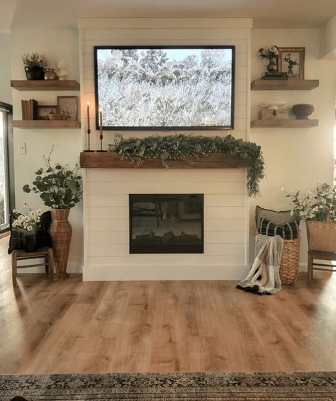 Farmhouse Fireplace Mantels With Tv, Modern Farmhouse Fireplace Decor With Tv, Living Room Fireplace Mantel Decor, Fireplace Mantle Shiplap Wall, Farmhouse Modern Fireplace Ideas, Small Fireplace Mantle Decor With Tv, Farm House Gas Fireplace, Diy Fireplaces Ideas, Farmhouse Fireplace With Tv Above