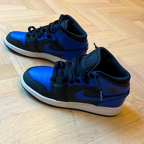 Brand New, Blue And Black Jordan 1 Mid With Black Laces. Box Not Included. Nike Shoes Jordan, Shoes Jordan 1, Fire Shoes, Jordan 1 Blue, Casual Shoes Women Sneakers, Pretty Sneakers, Shoes Inspiration, Boty Nike, Blue Jordans