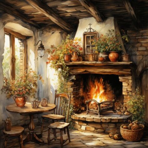 Magical fire digital print for country house lovers, wall art, fireplace, country kitchen, digital clipart, digital download Fireplace Country, Cottage Core Food, Art Fireplace, Kitchen Clipart, Cabin Rustic, Log Cabin Rustic, Cottage Painting, Kitchen Party, Stitch Collection